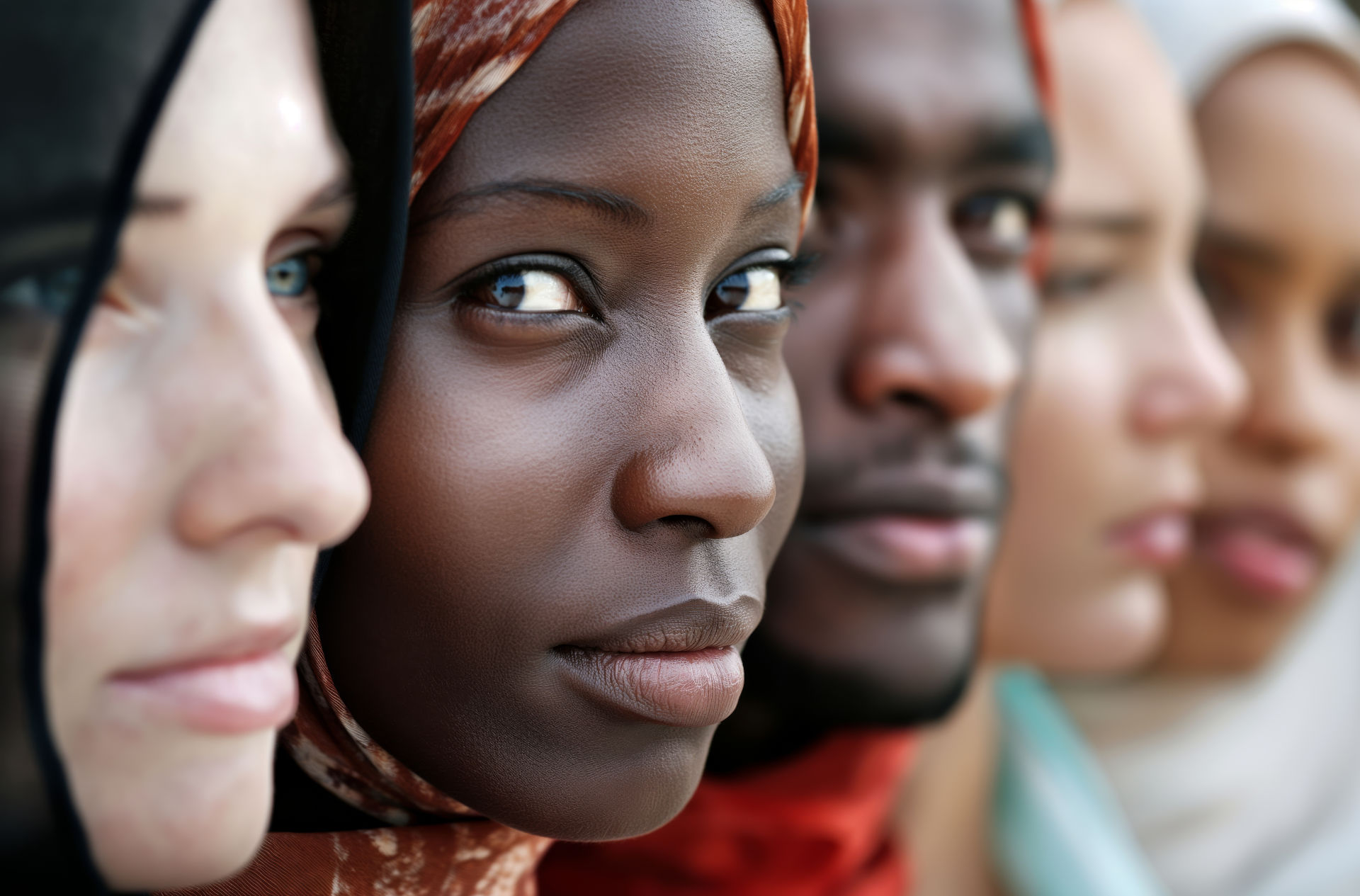 Close-up portrait of four people of different ethnic backgrounds looking into the distance