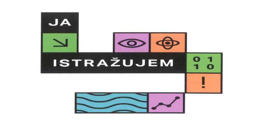 Official logo of the European Researchers’ Night ("JA ISTRAŽUJEM") featuring colourful tiles with an eye, an atom, binary digits and wavy blue lines.