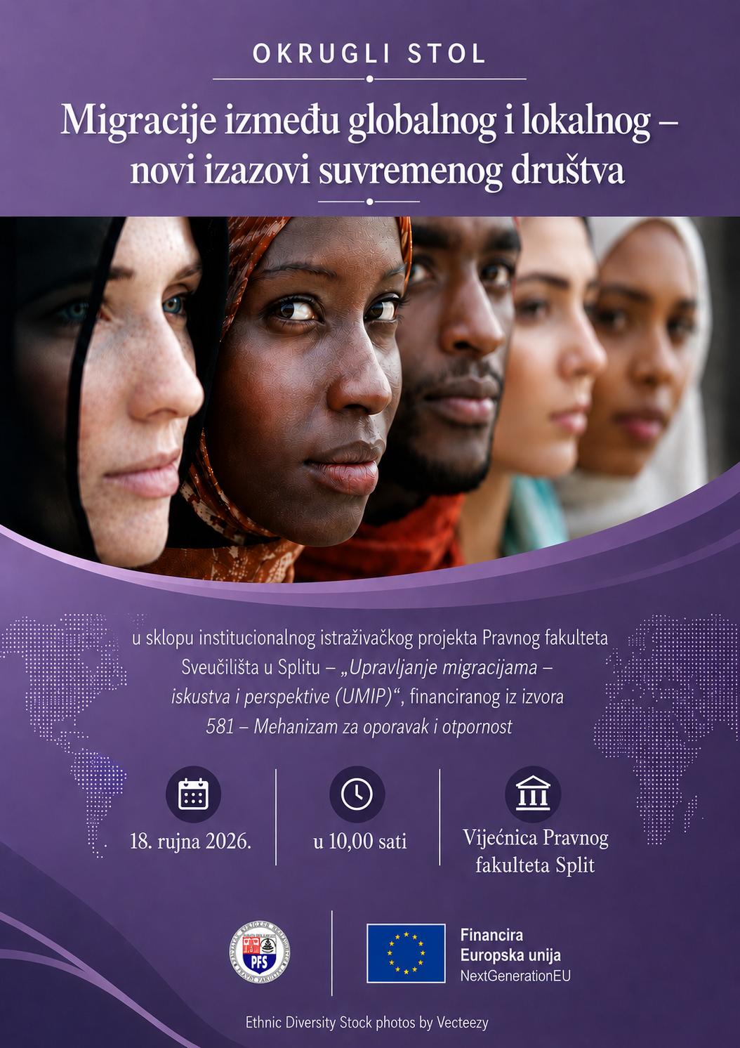 Poster for the round table "Migration between the global and the local – new challenges of contemporary society", held on 18 September 2026 at 10:00 in the Council Chamber of the Faculty of Law in Split.